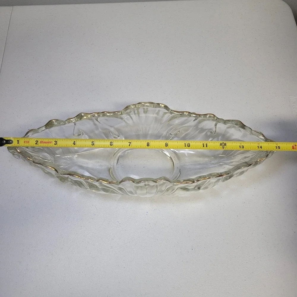Vintage Indiana Glass Tiara Gold Trim Scalloped‎ Edge Oval Console Bowl Clear